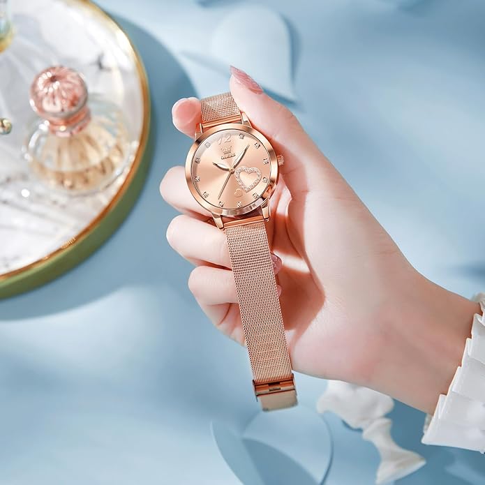 OLEVS Women's Small Wrist Rose Gold Tone Watch - Cute Diamond Heart Arabic Numerals Dial, Fashion Waterproof Mesh Bracelet Analog Dress for Ladies