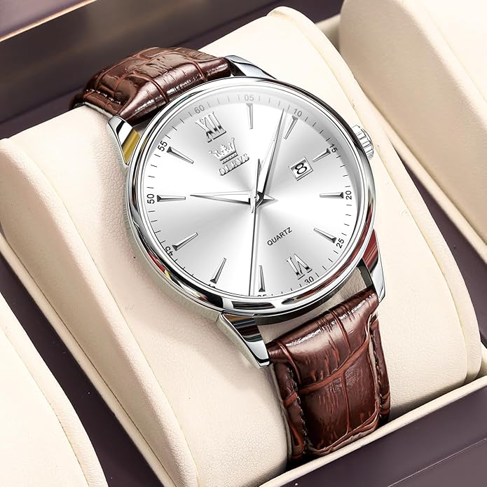 OLEVS Men Leather Watch,Mens Wrist Watches,Big Face Watches for Men,Leather Band Watches for Men,Day Date Watches for Men,Waterproof Watches for Men,Men Classic Watch,Reloj para Hombres