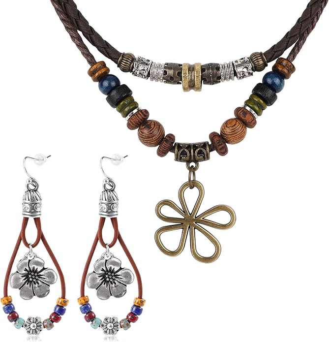 Multi-Layer Wood Bead Necklace with Flower Earrings, Boho Hippie Necklaces with Hollow Flower Pendant Bohemian Statement Gifts Jewelry for Men Women Western Country Music Concert