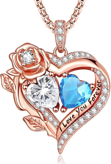 Rose Heart Necklaces for Women, Rose Gold Forever Love Jewelry with 2 Birthstones Pendant, Christmas Anniversarry Birthday Gifts for Her Wife Mom Grandma, 18+2 Inch Chain