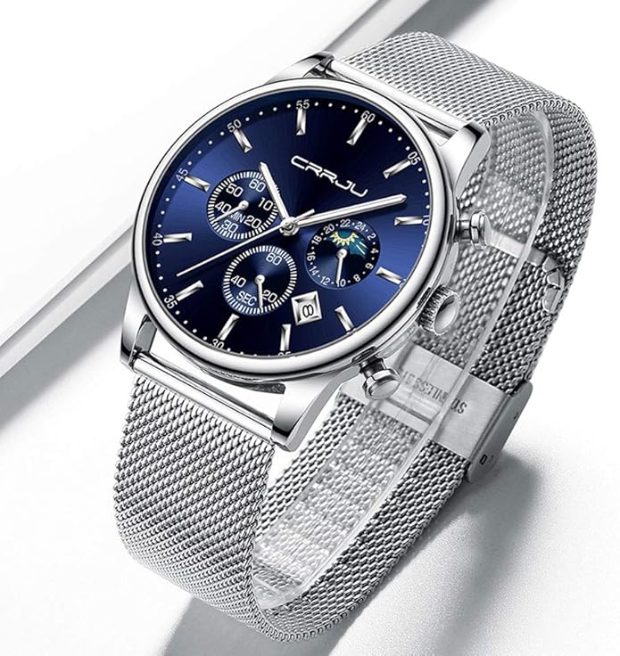 CRRJU Men's Fashion Casual Watches Auto Date Chronograph Watch Men Nice Work Watches Waterproof 30M Full Steel Quartz with Mesh Strap