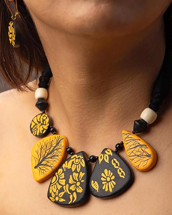 Handmade Terracotta Necklace & Earrings Set – Boho Statement Jewelry with Yellow Floral Design – Eco-Friendly Ethnic Jewelry Gift for Women & Festivals
