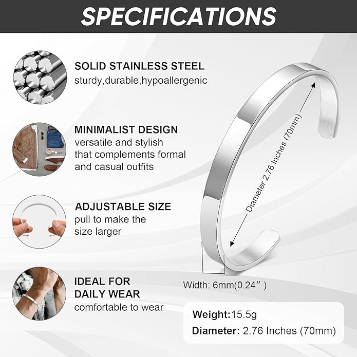 MEALGUET Stainless Steel Mens Cuff Bracelet : Minimal Cool Silver/Black/Gold Plated Open Metal Cuff Bangle Bracelets for Men,Mens Bracelet Jewelry Gift