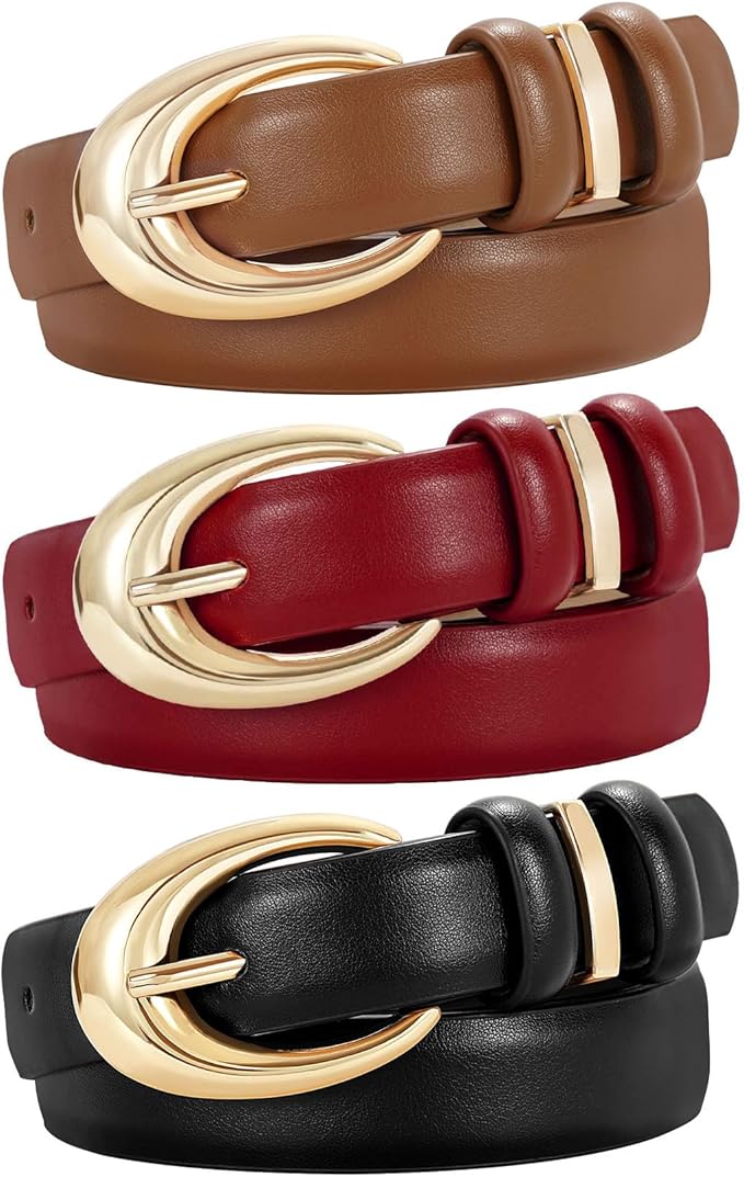 TRIWORKS 3 Pack Women Leather Belt for Jeans Pants Fashion Ladies Faux Leather Belt with Gold Buckle
