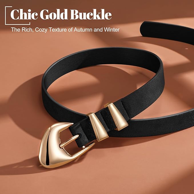 XZQTIVE Women's Leather Belts for Jeans Dress Pants Black Brown Belts for Women Ladies Waist Belts with Gold Buckle