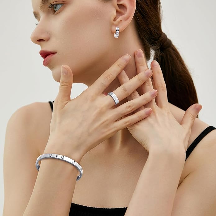 3 Pcs Hoop Earrings Bracelets Ring Sets for Women-18K Gold Plated Love Bracelet Cubic Zirconia Cuff Bangle Hoop Earrings Friendship Love Ring Jewelry Set,Wedding Party Christmas Valentine's Day Birthday Gifts for Her Girlfriend Sister Daughter