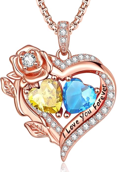 Rose Heart Necklaces for Women, Rose Gold Forever Love Jewelry with 2 Birthstones Pendant, Christmas Anniversarry Birthday Gifts for Her Wife Mom Grandma, 18+2 Inch Chain