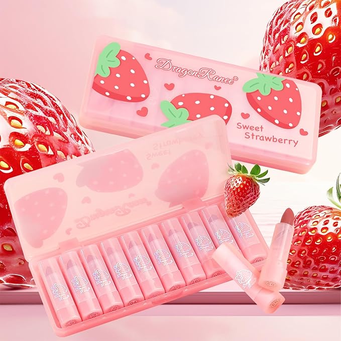 10 Pcs Lip Tint Set Cute Glossy Lip Stains and Matte Lipsticks with Long-lasting and Quick-drying Mini Lip Gloss Lipstick for Makeup Gift (Strawberry, Lipstick)