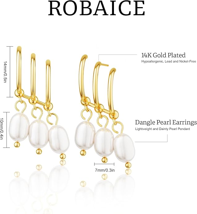 Gold Pearl Dangle Earrings for Women, 14K Gold Plated Small Pearl Drop Huggie Hoop Earrings, Hypoallergenic Dainty Gold Earrings Wedding Jewelry Gifts for Women Trendy