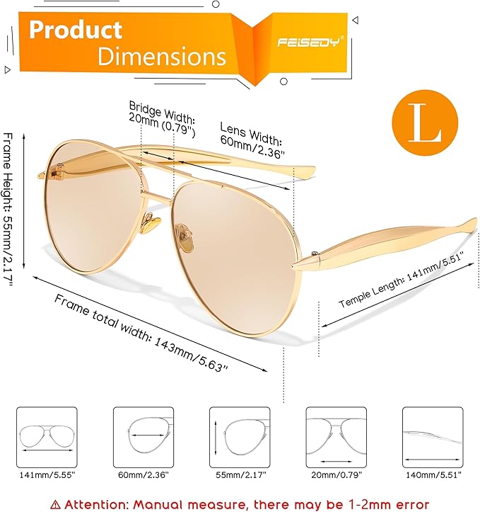 FEISEDY Oversized Aviator Sunglasses Women Men - Retro Gold Metal Chunky Frame, UV400 for Driving & Daily Wear B0311