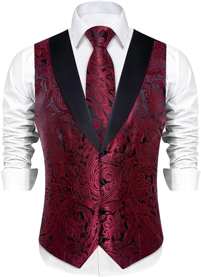 DiBanGu Mens Paisley Suit Vest Silk Jacquard Waistcoat and Necktie Set Formal Shawl Collar Dress Vest 7PCS for Wedding Party