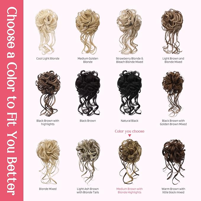 HOOJIH Messy Bun Hair Piece, 2PCS Tousled Updo with Tendrils Bun Extensions Wavy Curly Hair Wrap Ponytail Hairpieces Scrunchies for Women HB010 Dasiy - Medium Brown with Blonde Highlights