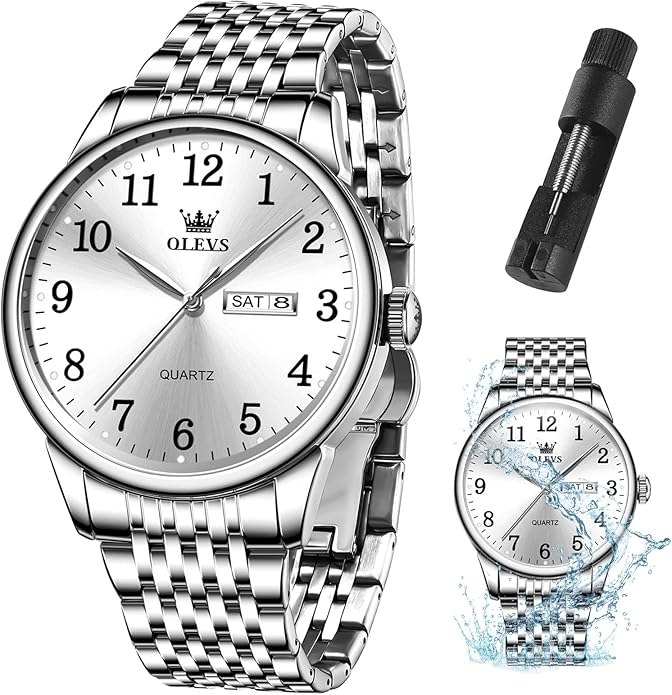 OLEVS Mens Watch Stainless Steel Analog Quartz Watches for Men Day Date Easy Read Diamond Waterproof Dress Luxury Classic Casual Big Face Blue/Black/Gold/Silver Roman Arabic Numerals Men's Wrist Watch