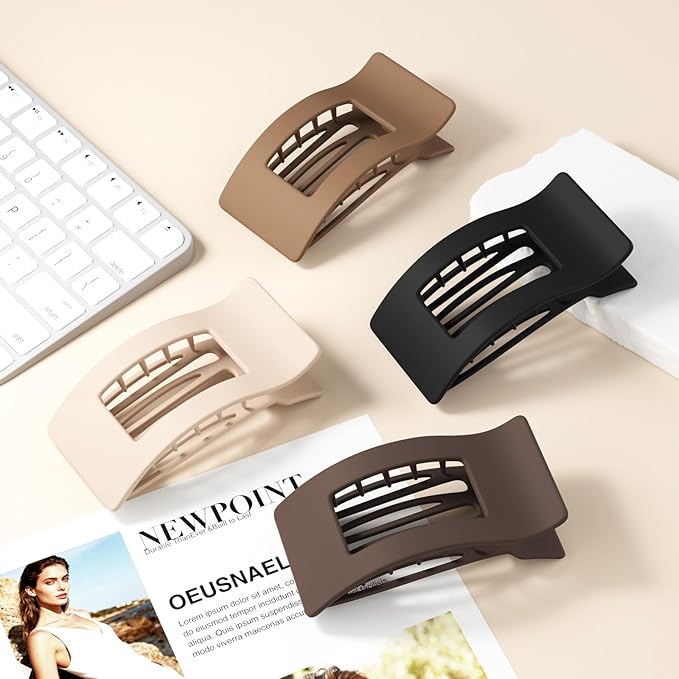 Oeusnae 4 PCS Flat Hair Clips for Women Girls, French Concord Lay Down Claw Clips for Thick Thin Hair, Comfortable Curved Large Flat Clips, Matte Non-slip Strong Hold Hair Accessories, Brown