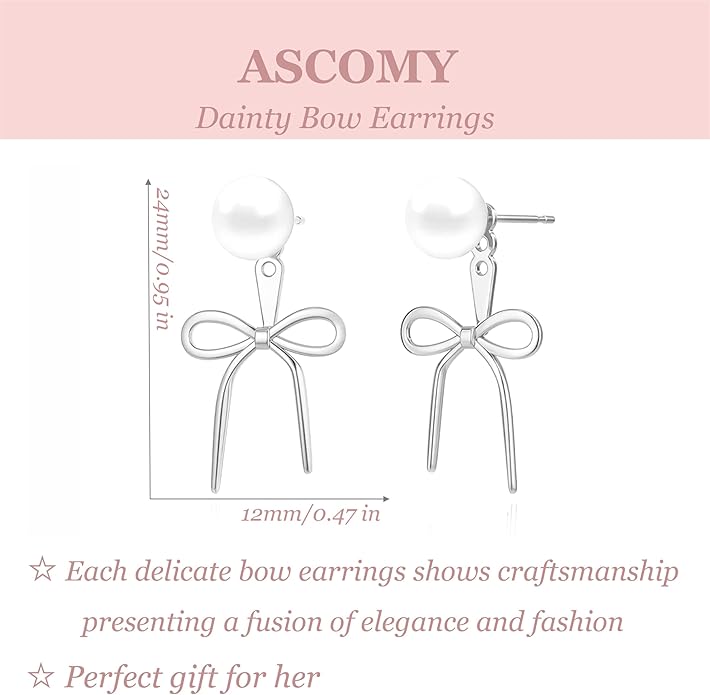ASCOMY Gold Stud Earrings for Women - Dainty Bow 14K Gold/Silver Plated Pearl Earrings - Trendy Cute Ribbon Minimalist Jewelry Gifts for Her