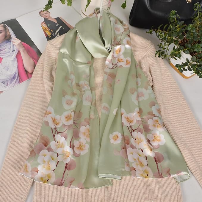 100% Mulberry Silk Scarf for Women Neck Oblong Headscarves Long Floral Print Lightweight Silk Wraps Shawls 67"*20"