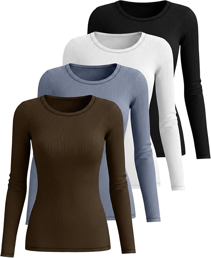 Neer 4 Pack Women's Ribbed Long Sleeve Shirts, Cotton Crew Neck Slim Fit Tops Stretch Knit Casual Base Layer Basic Tee Shirts