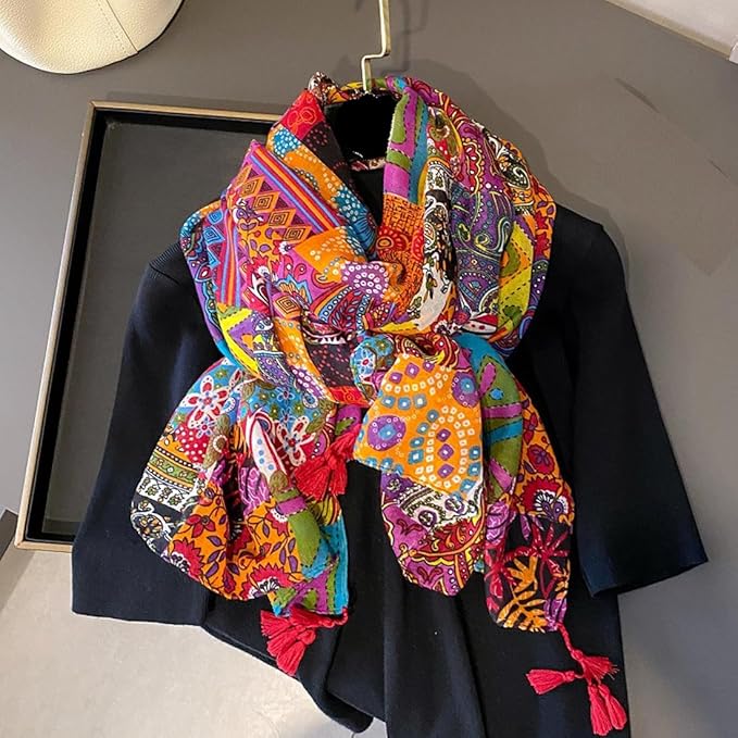 Yeieeo Boho Scarf for Women Lightweight Floral Printed Scarf Fall Winter Fashion Fringed Shawl