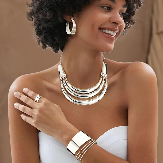 JOERICA Bib Choker Necklace Silver Gold Jewelry Set Wide Cuff Bangle Bracelet Open Hoop Earrings Adjustable Ring Chunky Silver Gold Statement Costume Jewelry Set for Women
