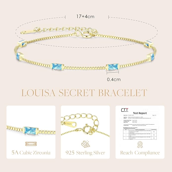LOUISA SECRET Birthstone Bracelets for Women, 925 Sterling Silver Dainty Simple Women Charm Link Bracelet, Birthday Anniversary Christmas Jewelry Gifts for Women Wife Mom Her