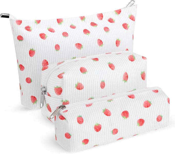 3 Pcs Makeup Bag Set for Women Corduroy Cosmetic Pouch Aesthetic Smile Travel Toiletry Bag Cute Purse Pouch Pencil Case Makeup Brushes Storage Organizer for Christmas (White, Strawberry)