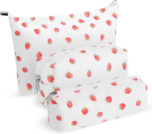 3 Pcs Makeup Bag Set for Women Corduroy Cosmetic Pouch Aesthetic Smile Travel Toiletry Bag Cute Purse Pouch Pencil Case Makeup Brushes Storage Organizer for Christmas (White, Strawberry)