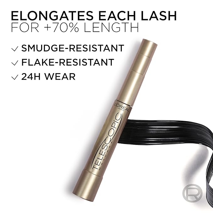 L'Oreal Paris Makeup Telescopic Original Lengthening, Lash Separating Mascara with Dual Precision Brush, Washable, Black Brown, 0.27 Fl Oz., 1 Count