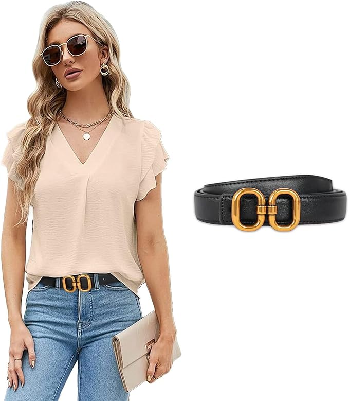 Women's Fashion Classic Metal Buckle Leather Belt with Jeans Dress