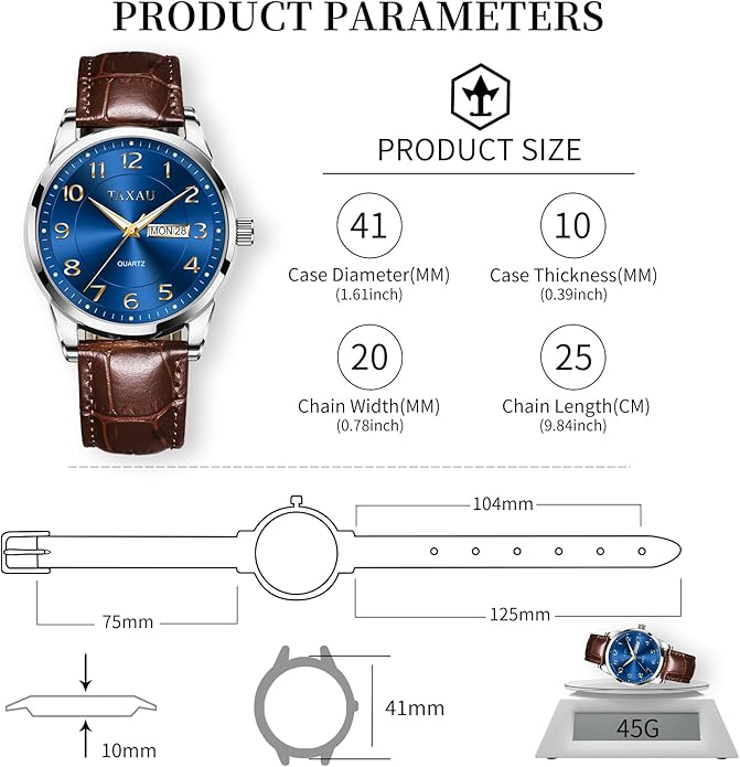 Men's Watch Big Face Easy Read Arabic Numeral Dress Watches for Men Classic Black Brown Leather Band Analog Mens Wrist Watch with Day and Date Fashion Business Waterproof Luminous Quartz Watch