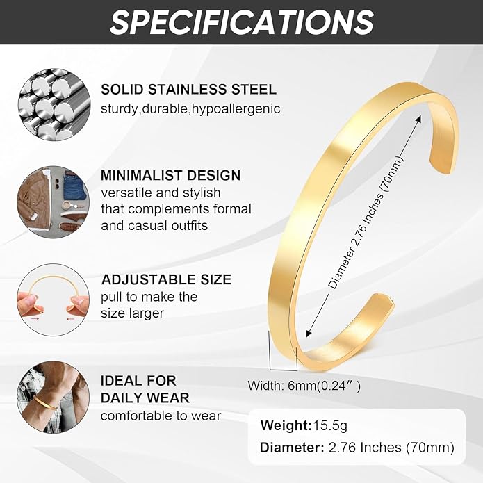 MEALGUET Stainless Steel Mens Cuff Bracelet : Minimal Cool Silver/Black/Gold Plated Open Metal Cuff Bangle Bracelets for Men,Mens Bracelet Jewelry Gift