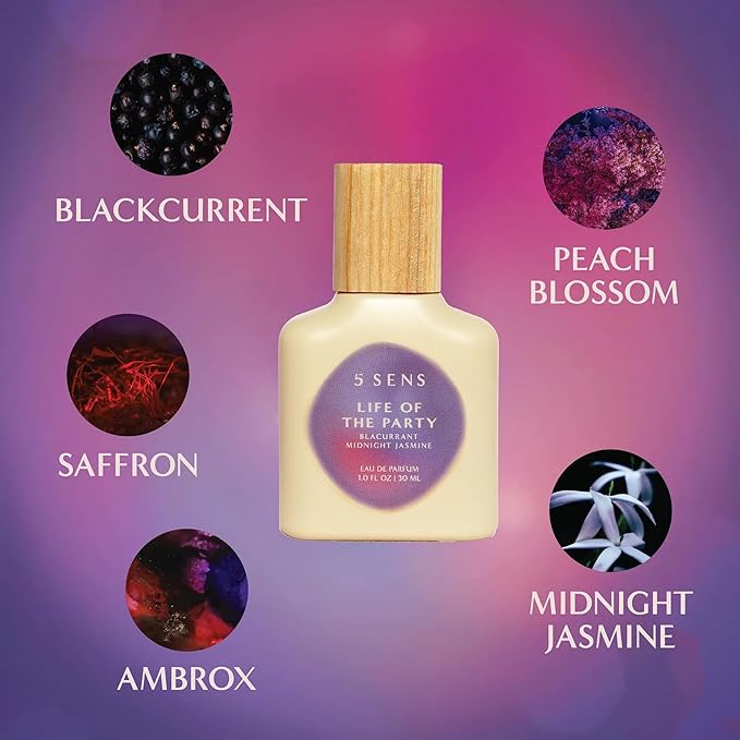 5 SENS Life of the Party Eau de Parfum Travel Spray (10 mL) - Clean, Long-Lasting Fine Fragrance - Fruity Floral with Blackcurrant, Peach Blossom, Saffron, Jasmine, Ambrox - Vegan, Cruelty-Free