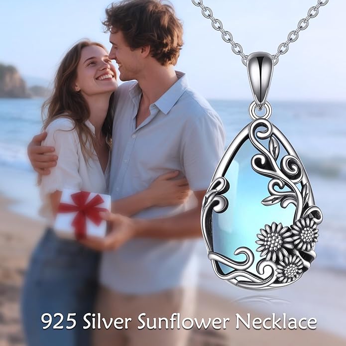 YFN Black Obsidian/Moonstone/Turquoise/Moss Agate Sunflower Filigree Teardrop Pendant Necklace Jewelry for Women - 925 Sterling Silver