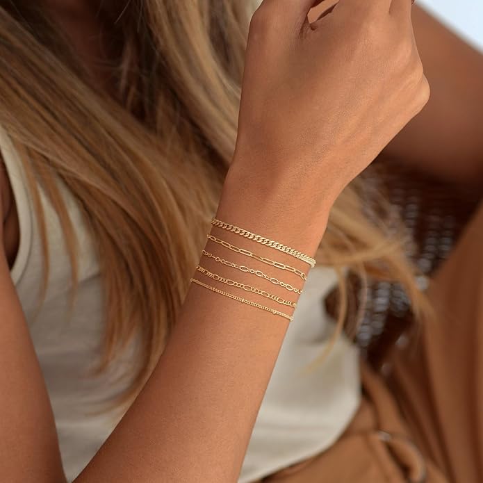 DEARMAY Gold Bracelets for Women Waterproof, 14K Gold Plated Jewelry Sets Trendy Thin Dainty Stackable Cuban Link Paperclip Chain Bracelet Pack Fashion Accessories Gifts for Womens