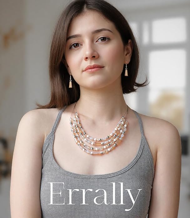 Layered Beaded Statement Necklace Multi Strand Crystal Beads Collar Necklace and Earring Sets for Women Fashion Costume Jewelry Set Gifts for Her