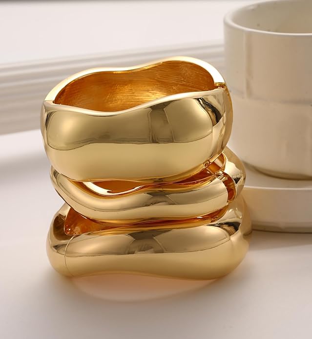 Chunky Gold Bangle Bracelets for Women, 14k Gold Plated Dainty Cuff Stackable Bangles Set, Trendy Bracelet Stack Fashion Jewelry Gifts