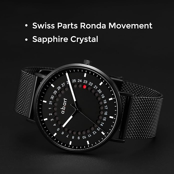a.b.art Men's Quartz Watch, Swiss Parts Ronda Movement, Sapphire Crystal, Milanese Mesh Band, Ultra-Thin Design, 41mm Black Dial,Minimalist Bauhaus Style