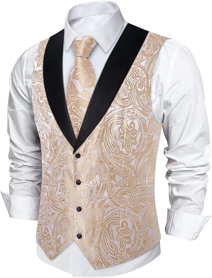 DiBanGu Mens Paisley Suit Vest Silk Jacquard Waistcoat and Necktie Set Formal Shawl Collar Dress Vest 7PCS for Wedding Party