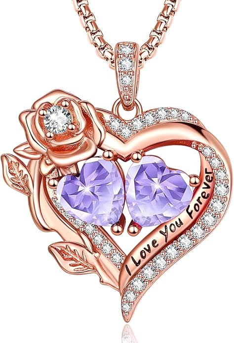 Rose Heart Necklaces for Women, Rose Gold Forever Love Jewelry with 2 Birthstones Pendant, Christmas Anniversarry Birthday Gifts for Her Wife Mom Grandma, 18+2 Inch Chain