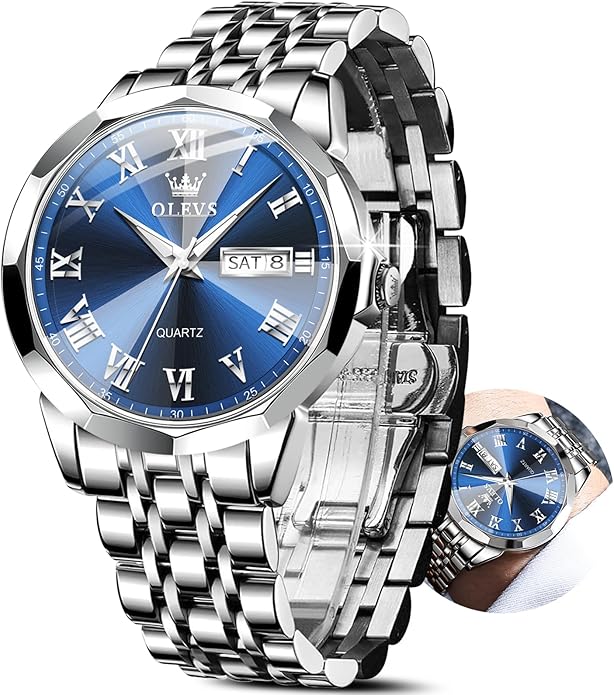 OLEVS Classic Men Watches with Date,Stainless Steel Man Watch with Date, Bussiness Watches for Men,Luminous Quartz Mens Watches Black/White/Blue/Gold, Waterproof Male Watch with Week