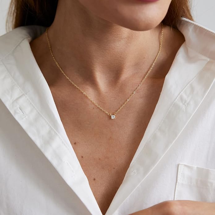 MIDEEO Christmas Gifts for Grandkids CZ Diamond Necklace for Women Dainty Layered Cubic Zirconia Solitaire Pendant Necklace Gold Plated Waterdrop Shape Square Emerald Green CZ Simulated Diamond Bridesmaid Necklace