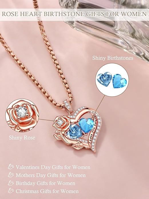 Rose Heart Necklaces for Women, Rose Gold Forever Love Jewelry with 2 Birthstones Pendant, Christmas Anniversarry Birthday Gifts for Her Wife Mom Grandma, 18+2 Inch Chain
