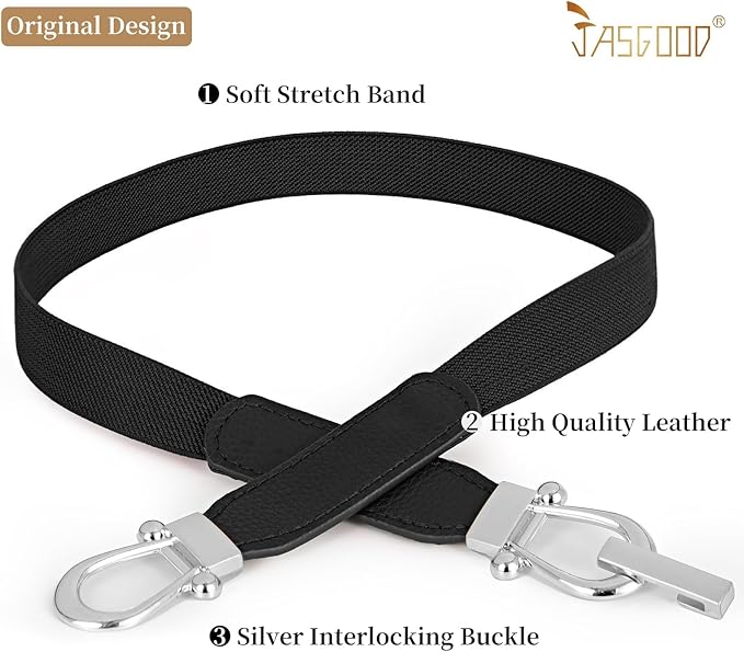 JASGOOD Women Skinny Elastic Belt for Dresses,Thin Retro Stretch Waist Belt with Golden Buckle