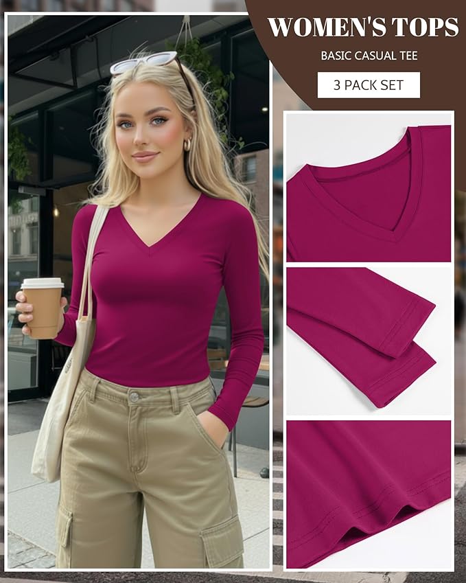 Ficerd 3 Pack Women's Long Sleeve Shirts, V Neck Basic Tees Slim Fitted Casual Fall Tops Going Out Blouses T Shirts