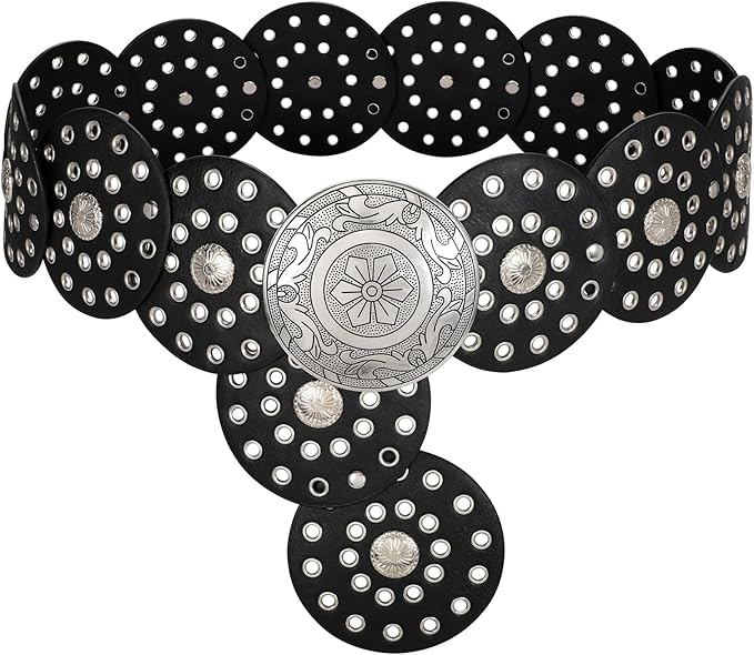 LEACOOLKEY Women's Boho Disc Belt Wide Western Leather Belt Vintage Concho Waist Belts for Dress Jeans