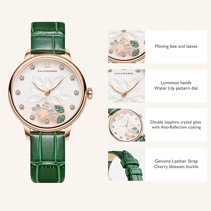 Womens Watch Bee Watches for Women Moving Bees Between Double Sapphire Glass with Genuine Leather Strap Luminous Hands and Trendy Watch with 12 Genuine Diamonds Rose Gold Mesh Band 28mm