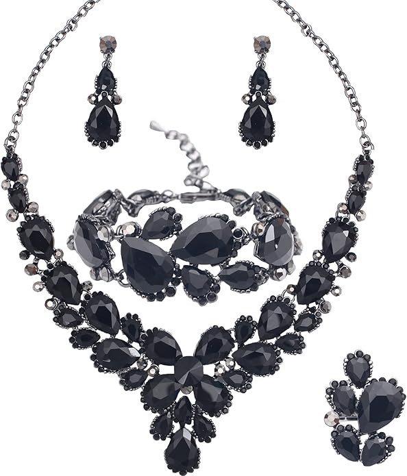 Women's Wedding Bridal Austrian Crystal Glass Teardrop Statement Necklace Dangle Earrings Bracelet Ring Wedding Party Jewelry Set for Bridal Bridesmaid
