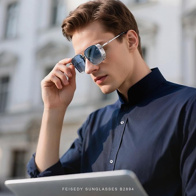 FEISEDY Sunglasses Mens Women Vintage Pilot Square Trendy Metal Steampunk Fishing Driving Sun Glasses B2894
