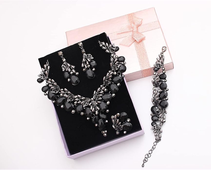 Jewelry Set for Women, Statement Necklace Dangle Earrings Bracelet Ring, White/KC Gold Plated Jewelry Set with Rhinestone Pearl Crystal Wedding Party Jewelry for Bridal Bridesmaid