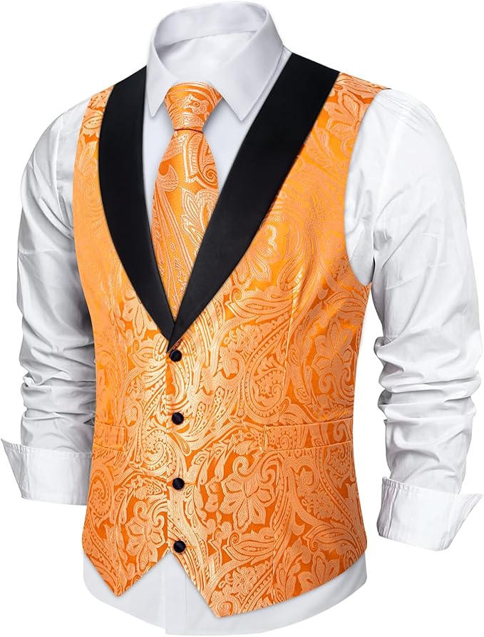 DiBanGu Mens Paisley Suit Vest Silk Jacquard Waistcoat and Necktie Set Formal Shawl Collar Dress Vest 7PCS for Wedding Party