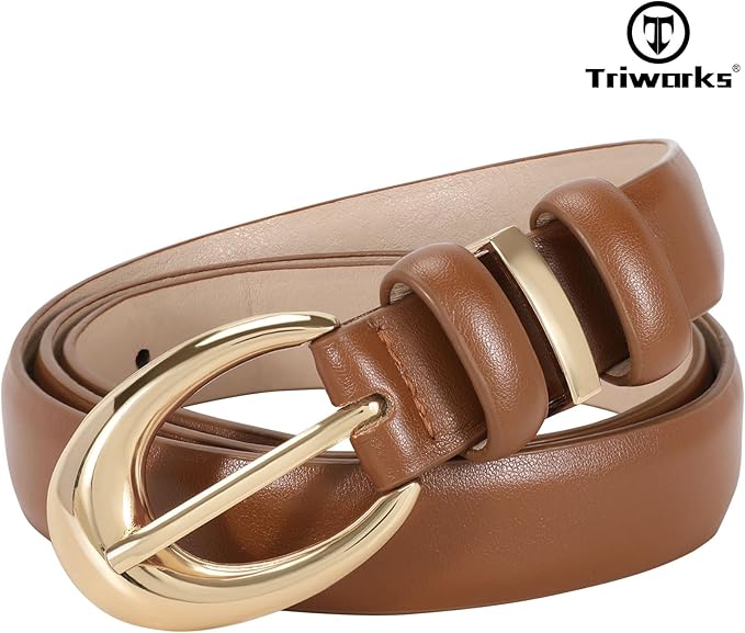 TRIWORKS Women Leather Belt for Jeans Pants Fashion Ladies Skinny Faux Leather Dress belt with Gold Buckle